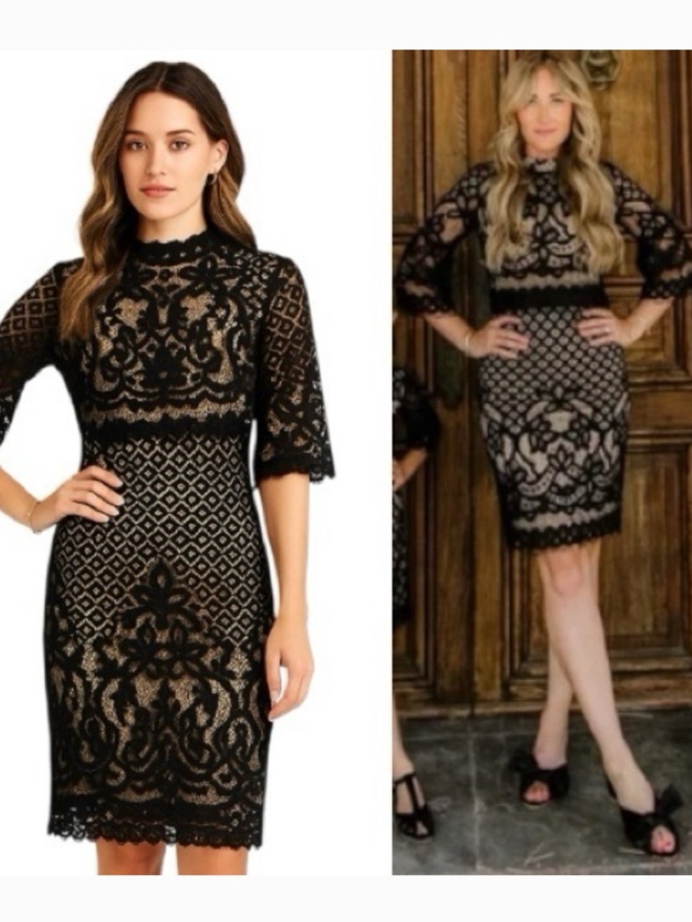 Ivy City Co Black Lace Midi Dress with Nude Underlay